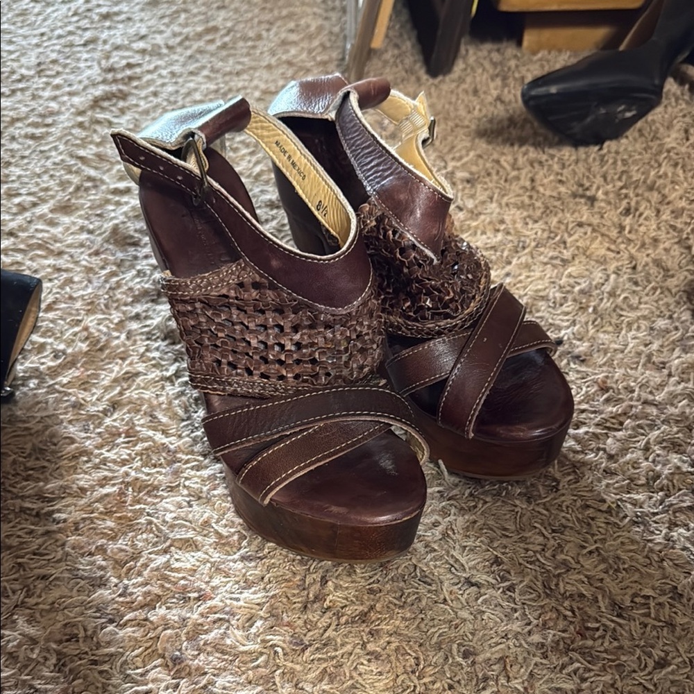 Bed Stu Brown Wedge Sandals with Ankle Strap